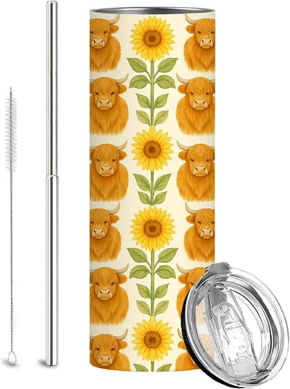 Firmiso 20 oz Tumbler｜Skinny Insulated Travel Mug｜Highland Cow Sunflower by Firmiso