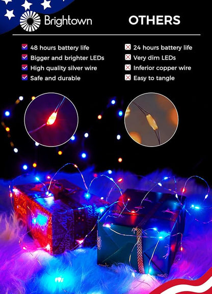 Brightown 4th of July Decor Patriotic Fairy Lights, 7 FT. Silver Wire Red White - Image 2
