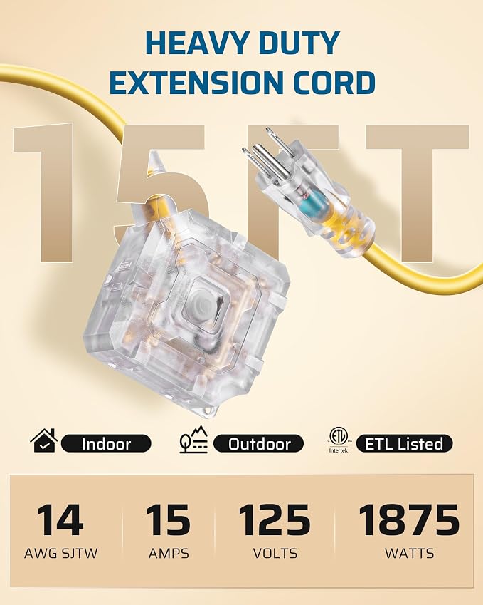 DEWENWILS 15FT Outdoor Heavy Duty Extension Cord, 14 AWG SJTW Power Cord - Image 8