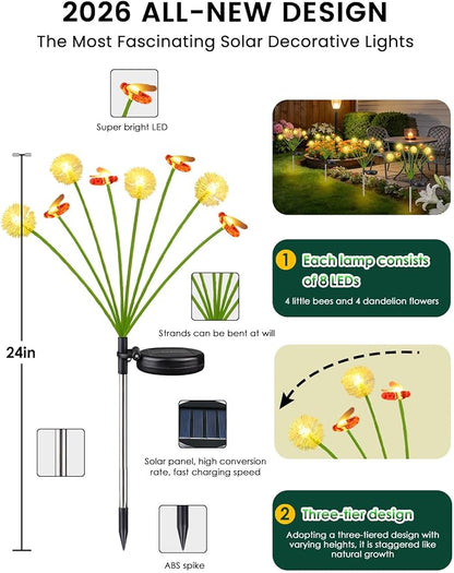 Solar Garden Lights Outdoor, 8 Pack 64 LED, Solar Swaying Dandelion Bee Lights - Image 3