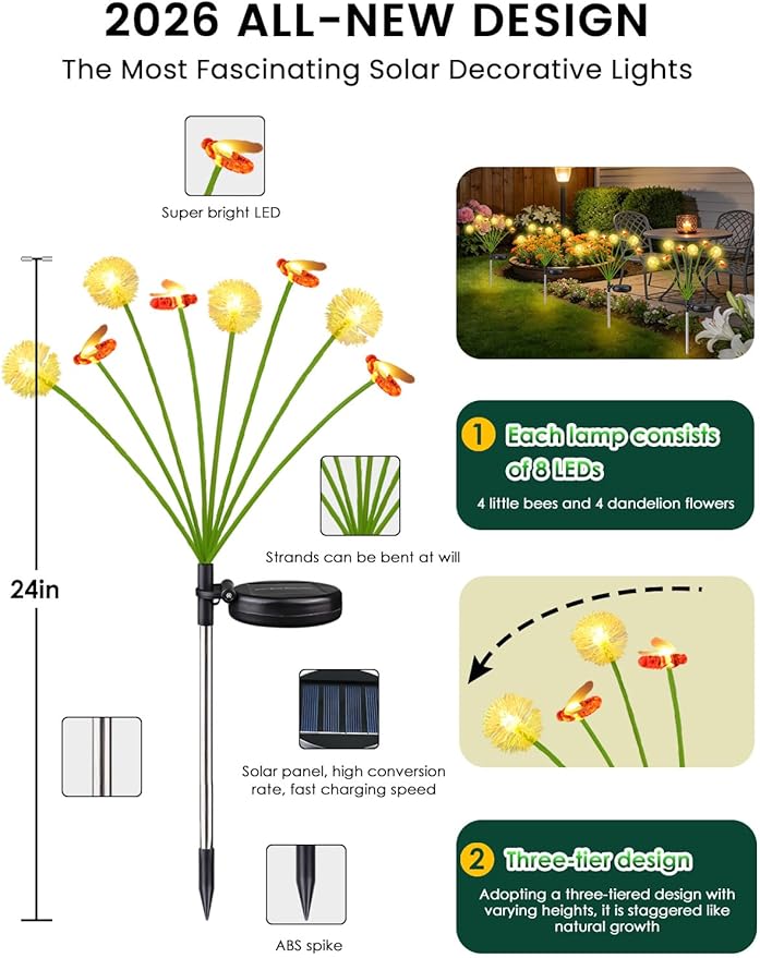 Solar Garden Lights Outdoor, 6 Pack 48 LED, Solar Swaying Dandelion Bee Lights - Image 4