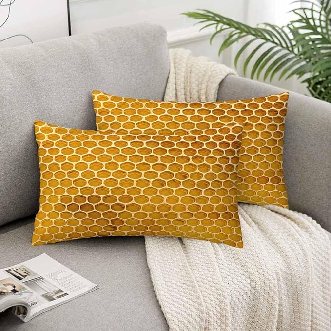 Bee Honeycomb Throw Pillow Covers 12 X 20 Yellow Honey Abstract Set of 2 Pillow - Image 5