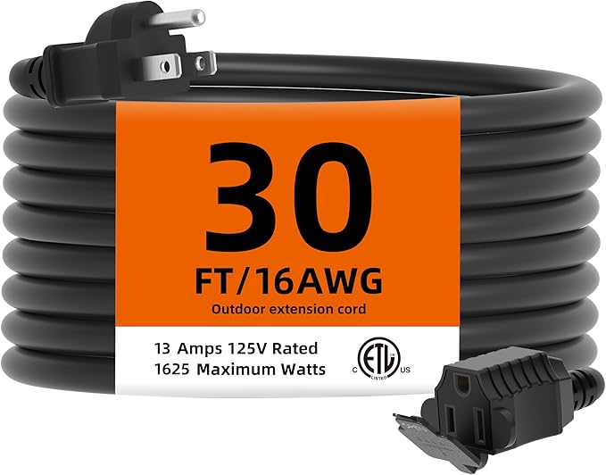 TiFFCOFiO Indoor Outdoor Extension Cord Waterproof, 30 Feet 3 Prong Power Cord by TiFFCOFiO