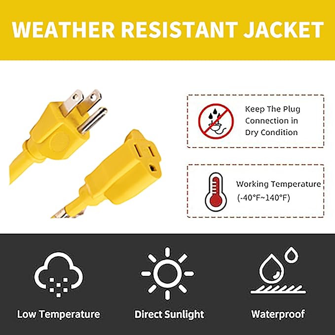 Indoor Outdoor Extension Cord Weatherproof, UL Certified, 10 Gauge 10FT Yellow - Image 6