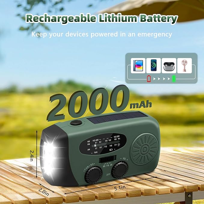 WVL 7400mWh Emergency Weather Radio, Portable Solar Hand Crank Radio AM/FM/NOAA - Image 6