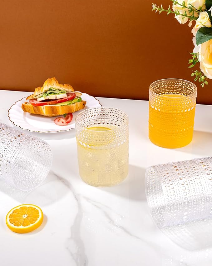 YOUBET 24PCS Plastic Hobnail Drinking Glasses - 14 Oz Clear Vintage Glasses - Image 6
