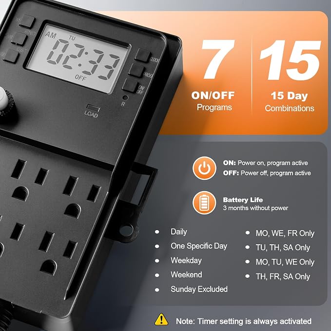 SURAIELEC Outdoor Power Stake, 7-Day Programmable Digital Timer, Power Strip - Image 2