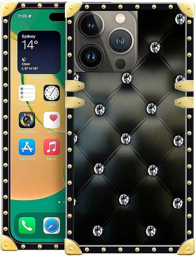 Compatible with iPhone 14 Pro Max Case, Shiny Black Sofa Crystal Luxury Golden by Unknown