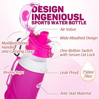 Kemier Collapsible Silicone Water Bottles-750ML, Medical Grade, BPA Free Travel - Image 4