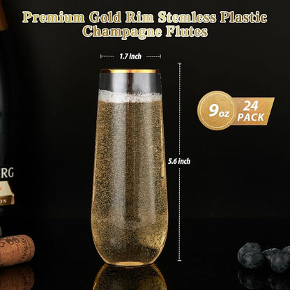 FOCUSLINE 24 Pack 9 Oz Plastic Stemless Gold Rim Champagne Flutes, Heavy Duty - Image 5