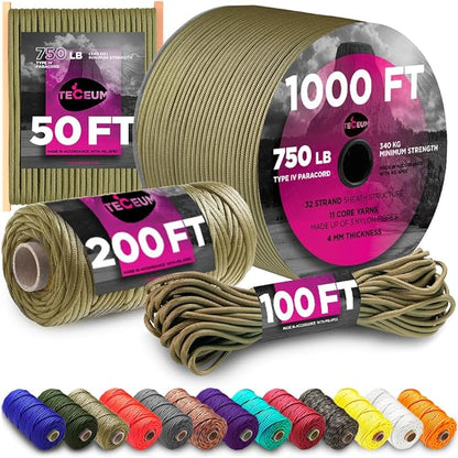 TECEUM 5/32" Paracord Rope 1000 – 1000ft / 200ft / 100ft / 50ft – Tactical by TECEUM