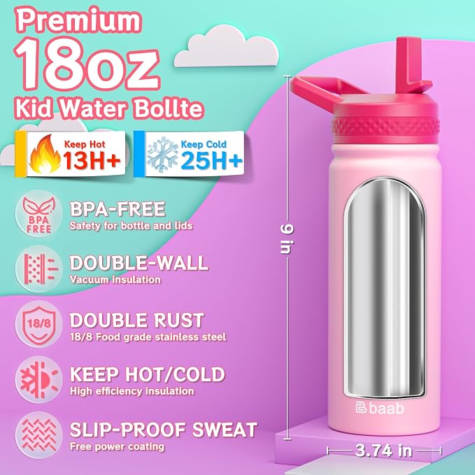 baab 18oz Kids Water Bottle, Insulated Water Bottle - Image 2
