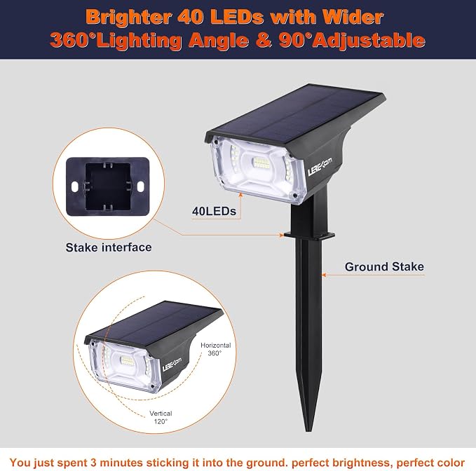 LEREKAM 40 LEDs Spotlights, IP65 Waterproof Solar Powered Landscape Spotlights - Image 6