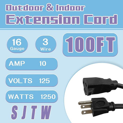 Indoor Outdoor Extension Cord 100 FT, 16/3 SJTW Weatherproof Black Electrical - Image 2