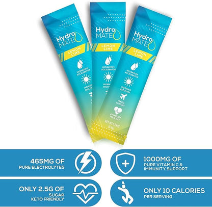 HydroMATE Electrolyte Powder Lemon Lime Hydration Packets Low Sugar 30 Count - Image 7