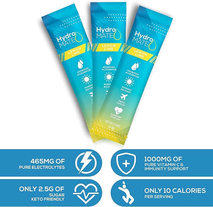 HydroMATE Electrolyte Powder Lemon Lime Hydration Packets Low Sugar 16 Count - Image 7