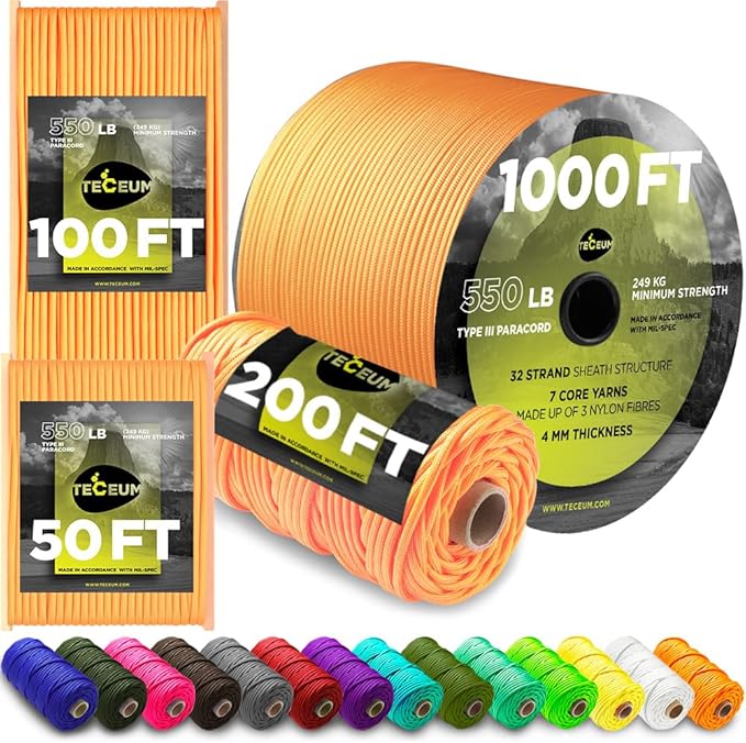 TECEUM 5/32" Paracord Rope 1000 – 1000ft / 200ft / 100ft / 50ft – Tactical by TECEUM