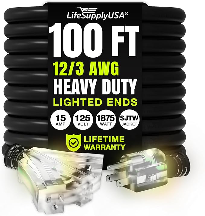 100ft Outdoor/Indoor Extension Cord 3-Outlet 12/3 Gauge Extra Heavy Duty 3 by LifeSupplyUSA