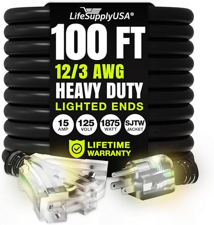 100ft Outdoor/Indoor Extension Cord 3-Outlet 12/3 Gauge Extra Heavy Duty 3 by LifeSupplyUSA