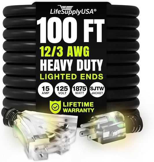 100ft Outdoor/Indoor Extension Cord 3-Outlet 12/3 Gauge Extra Heavy Duty 3 by LifeSupplyUSA