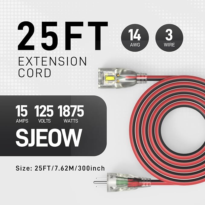 25FT 14/3 Gauge Medium Duty Outdoor Extension Cord Waterproof - Image 2