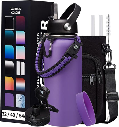 32 oz Water Bottles with Straw & Spout Lid, Paracord Handle & Strap, Double by DIGJUPER