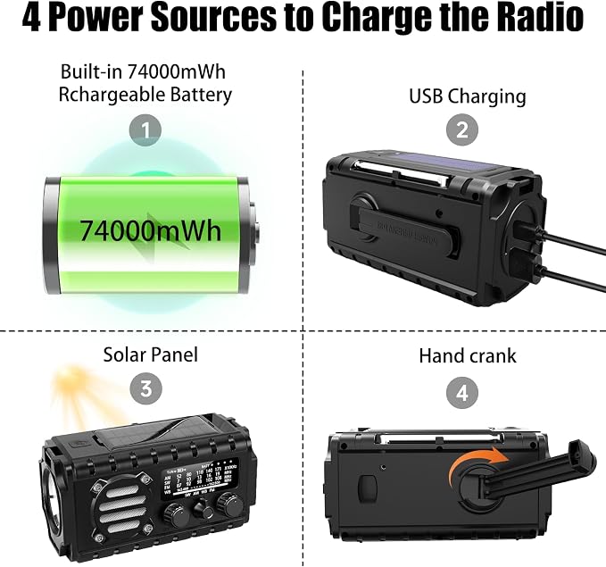 20000mah Hand Crank Emergency Radio, SW/NOAA/AM/FM Weather Radio, Solar Powered - Image 7