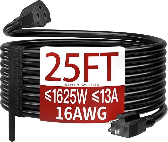 Skrizcable 16/3 25 Ft Indoor Black Extension Cord, Flexible & Flame Retardant by Skrizcable