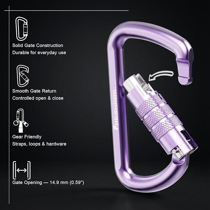 FresKaro 3inch 12kN-2698lbs Auto Locking Carabiner Clips, Solid D Shape - Image 3