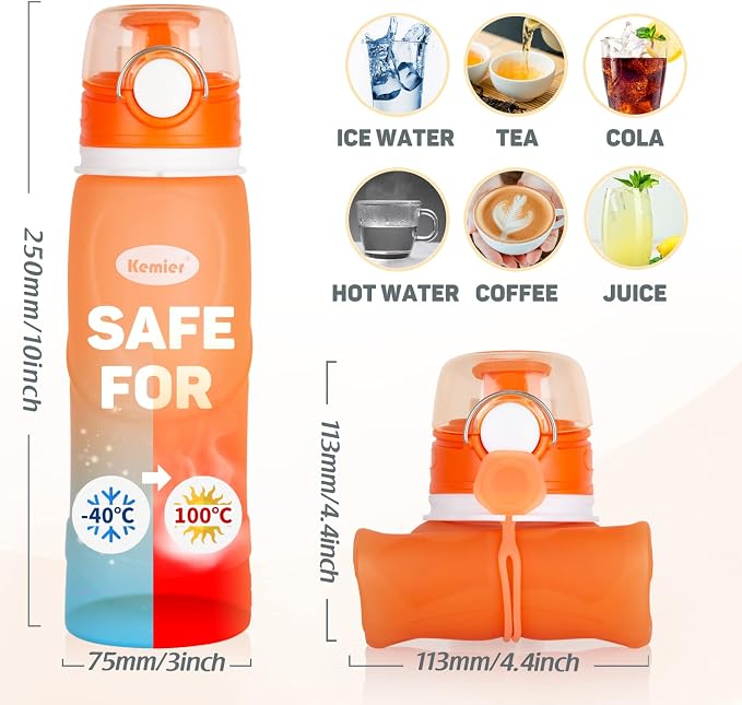 Kemier Collapsible Silicone Water Bottles-750ML, Medical Grade, BPA Free Travel - Image 6