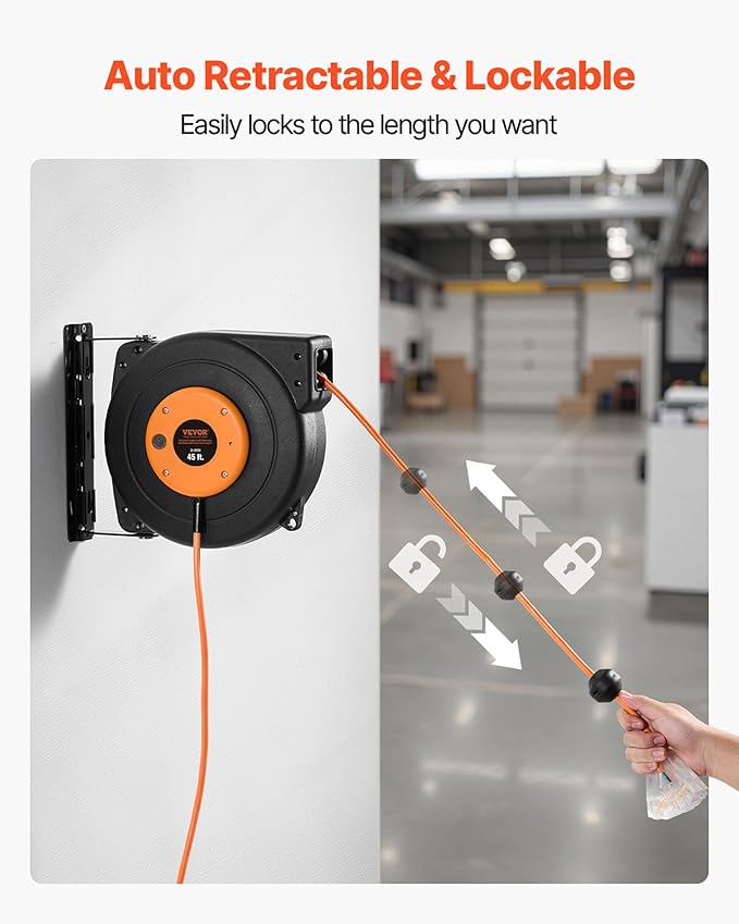 VEVOR Retractable Extension Cord Reel, 45 FT, Heavy Duty 12AWG/3C SJTOW Power - Image 5