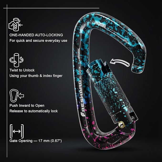 FresKaro UIAA Certified 25KN Auto Locking Climbing Carabiner Clips, Twist Lock - Image 3