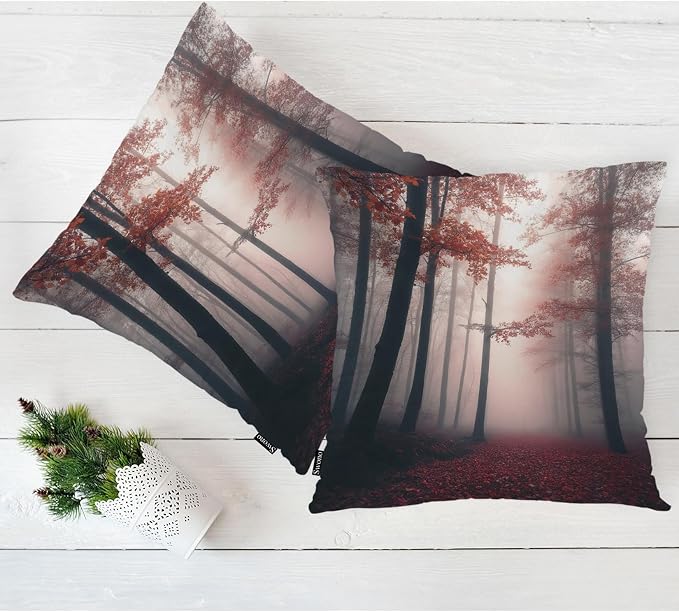 Swono Foggy Forest Throw Pillow Cases Pack of 2, Misty Autumn Tree Woods - Image 5