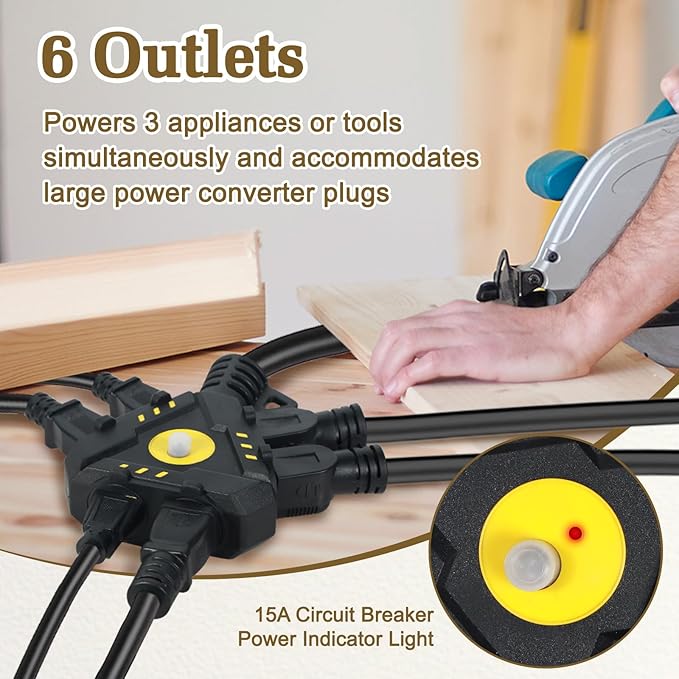 6FT 14 Gauge Outdoor Extension Cord 6-Outlet 14/3 SJTW Heavy Duty Extension Cord - Image 3