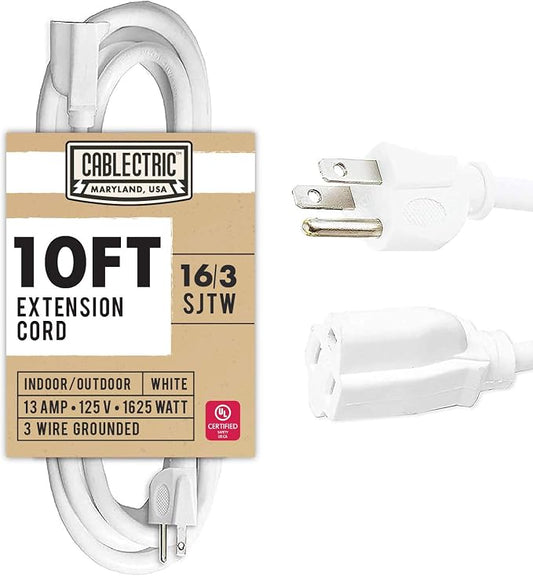 16/3 White Outdoor Extension Cord 10 Foot - 13 Amp Electrical Cable 3 Prong by Cablectric