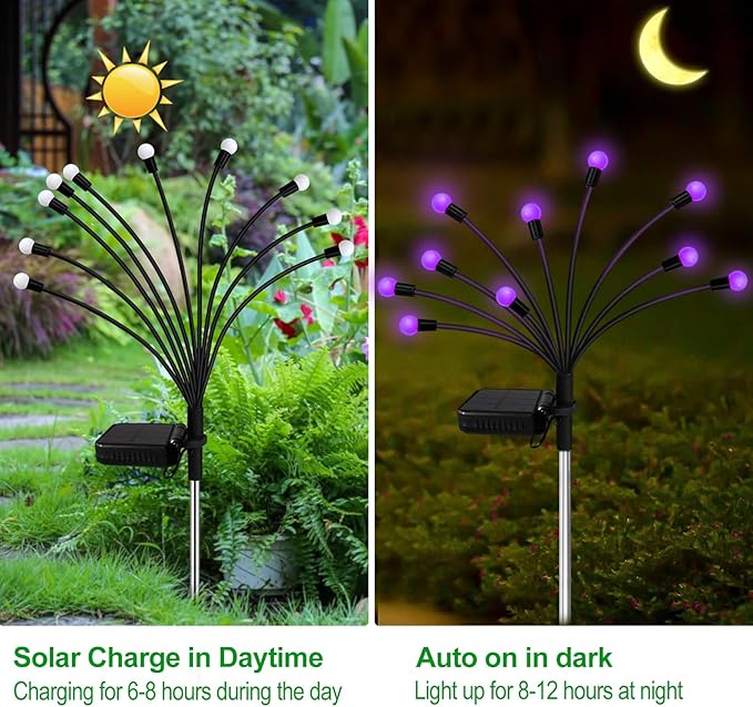 Solar Garden Lights Outdoor, 2 Pack 16 LED Solar Purple Firefly Lights - Image 2