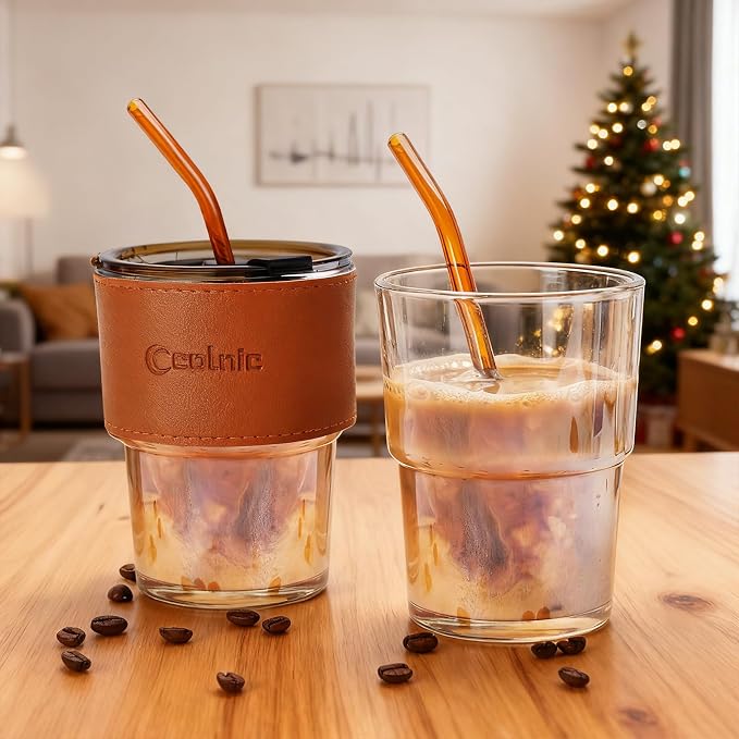 2 PCS Iced Coffee Cups with Lids, 15Oz/450ml Glass Cups With Lids and Straws - Image 3