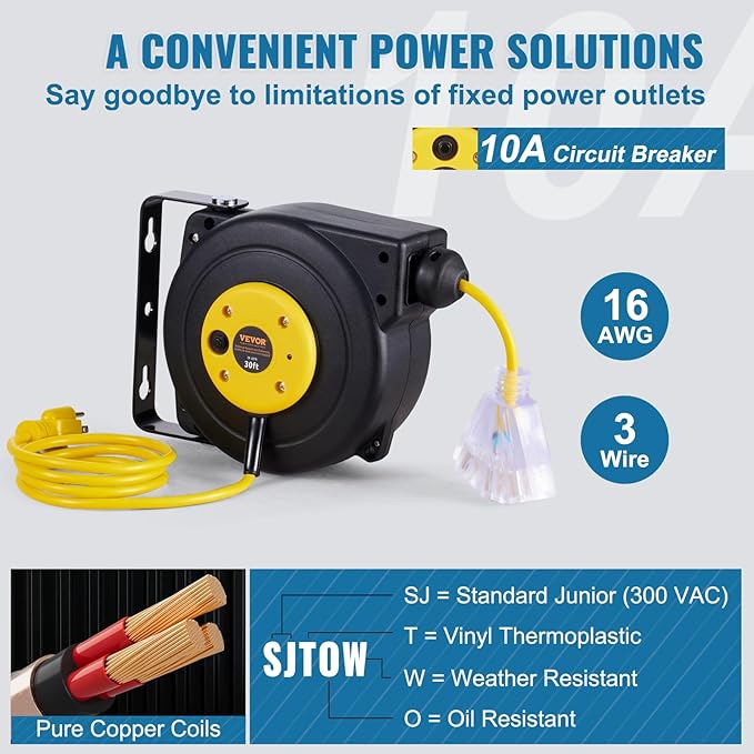 VEVOR Retractable Extension Cord Reel, 30 FT, Heavy Duty 16AWG/3C SJTOW - Image 4