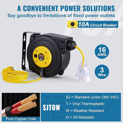VEVOR Retractable Extension Cord Reel, 30 FT, Heavy Duty 16AWG/3C SJTOW - Image 4