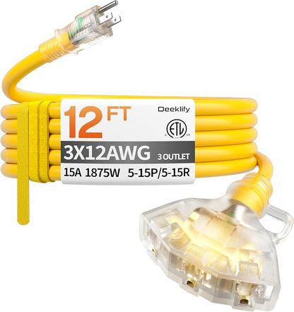 12 ft 12 Gauge Heavy Duty 3 Outlet Extension Cord Splitter by Deeklify