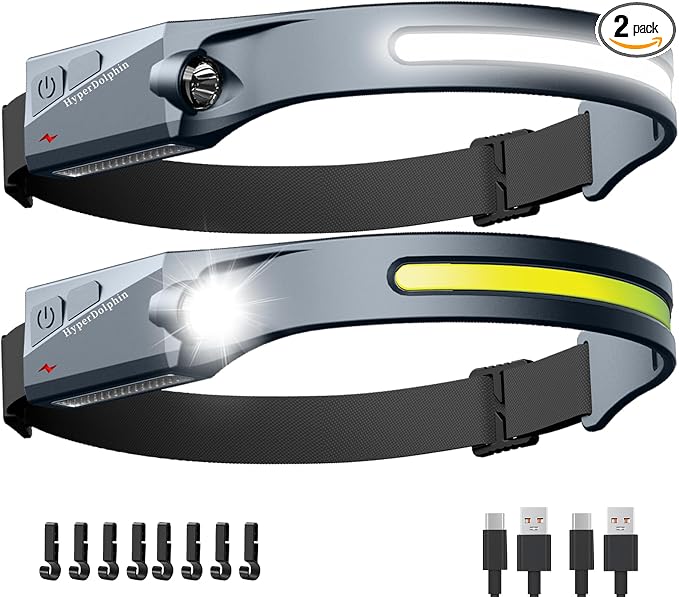 Headlamp Rechargeable LED 230° Wide Beam, USB-C Lightweight Head Lamp, Long by HyperDolphin