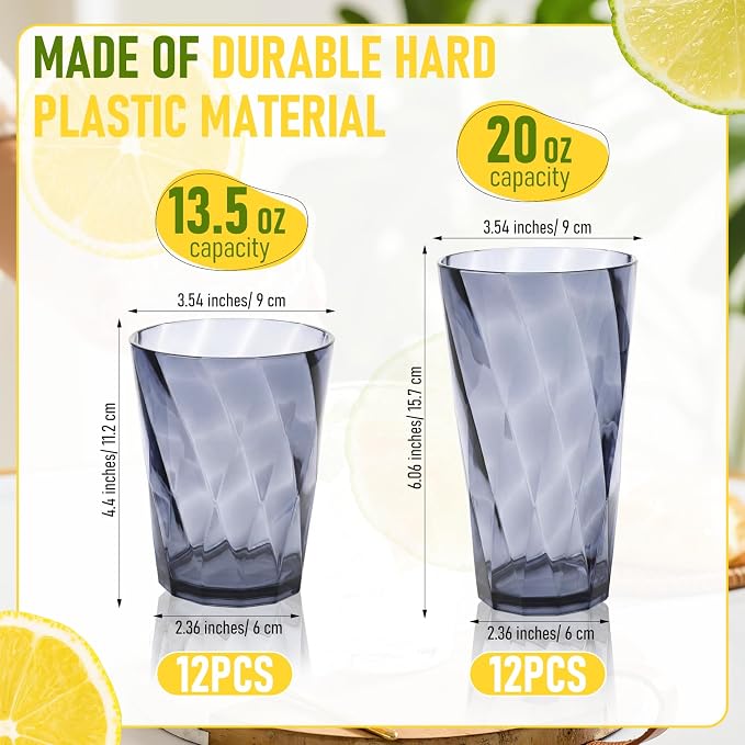 LemonRoad 24 Pack Reusable Plastic Drinking Glasses Set - 20oz & 13.5oz - Image 2