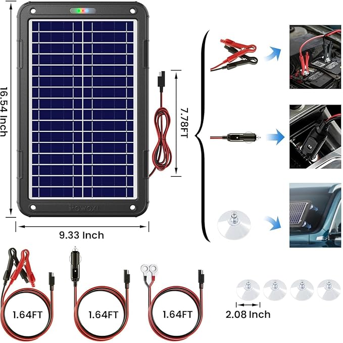 POWOXI 12V Solar Car Battery Charger: 12W Solar Panel Kit Battery Trickle - Image 7