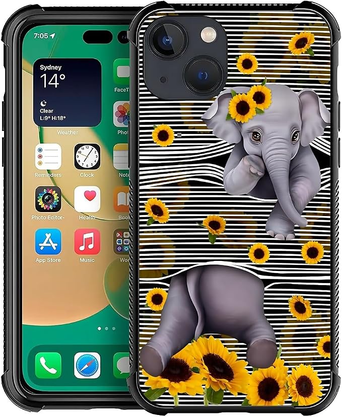 for iPhone 14 Case, Cute Little Elephant Sunflower White Line Art Pattern by FKBRCL4U