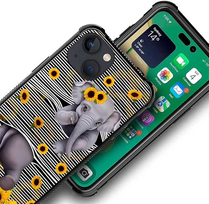 for iPhone 14 Plus Case, Cute Little Elephant Sunflower White Line Art Pattern - Image 2
