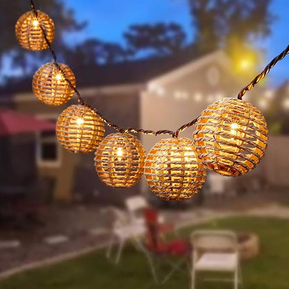 Decorative Outdoor Patio String Lights, Seagrass Rattan Wire Ball Style Lantern by TWINKVILLA