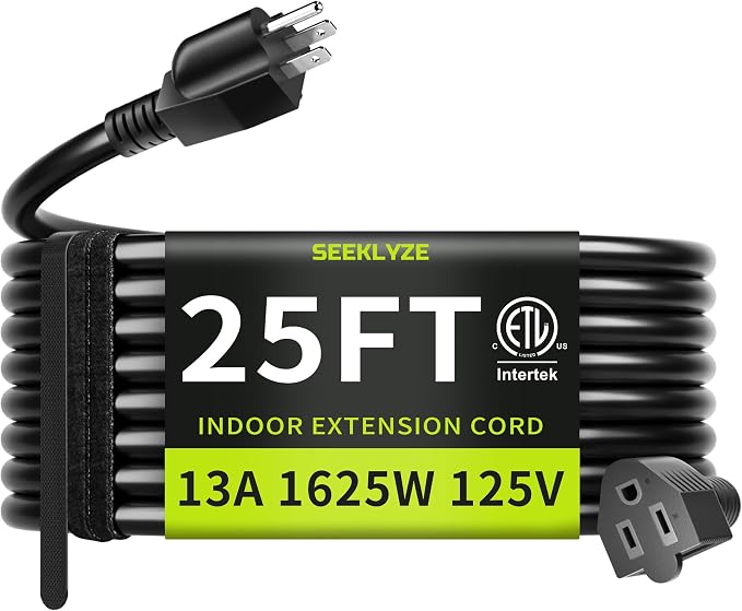 16/3 Black 25 FT Extension Cord, Indoor Extension Cord by Seeklyze