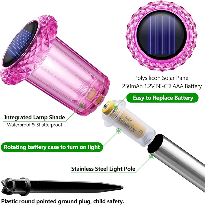 DenicMic Solar Lights Outdoor 10 Pack Waterproof Pink LED Stainless Steel Stake - Image 2