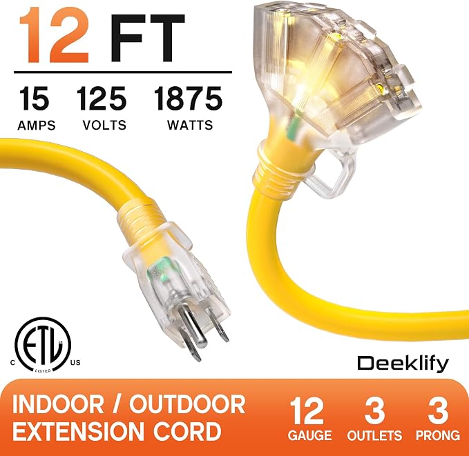 12 ft 12 Gauge Heavy Duty 3 Outlet Extension Cord Splitter - Image 2
