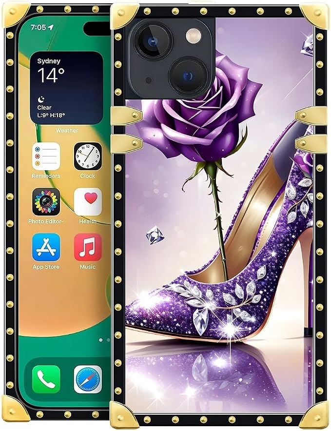 Compatible with iPhone 14 Case, High Heeled Purple Diamond Rose Luxury Golden by Unknown